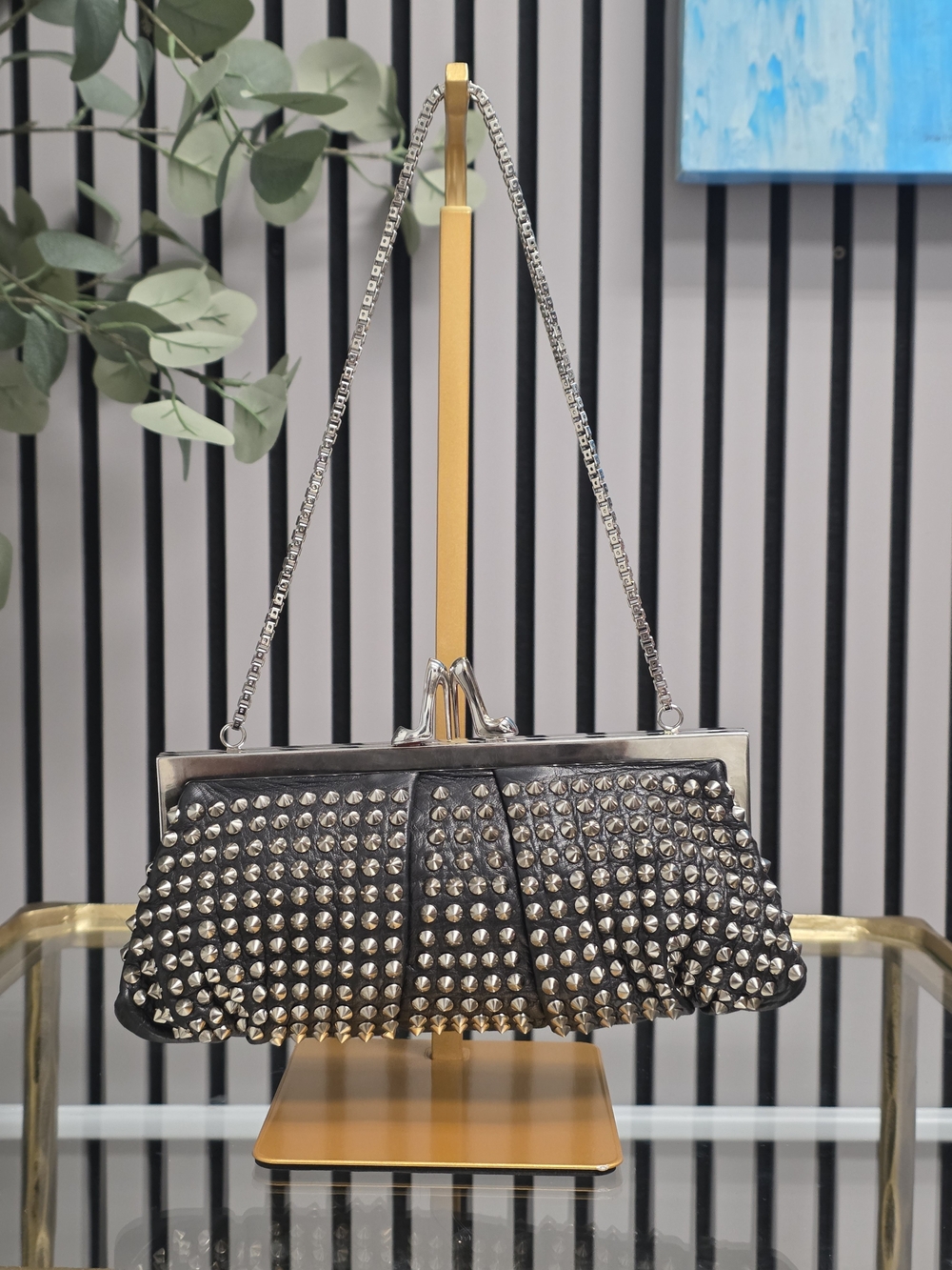 Christian Louboutin Miss Loubi Spiked Black Patent Chain Clutch Rare Heel Clasp